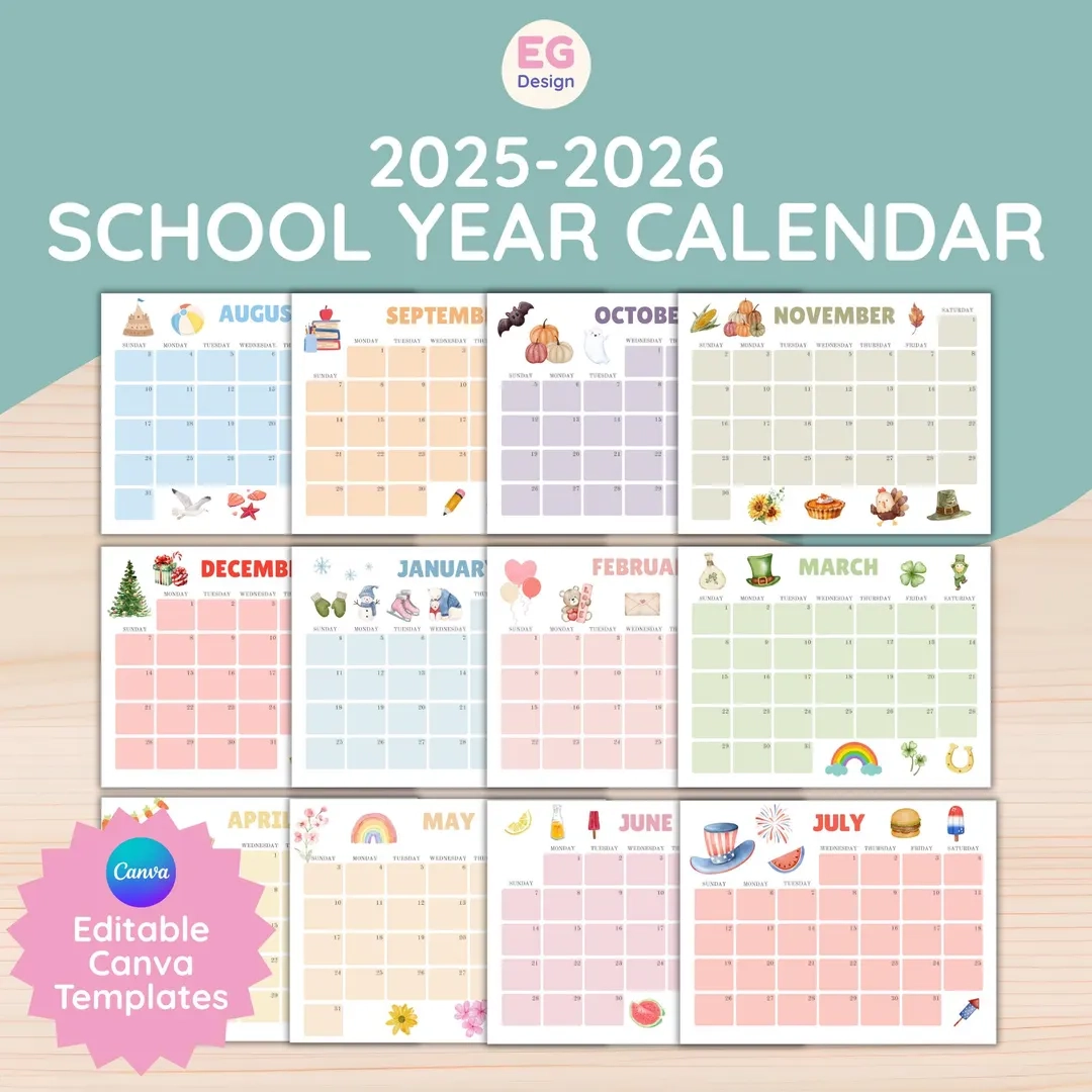 2025 2026 School Year Calendar Academic Monthly Planner Editable Calendar Template Teacher Organization Class Schedule Classroom Planner Etsy UK