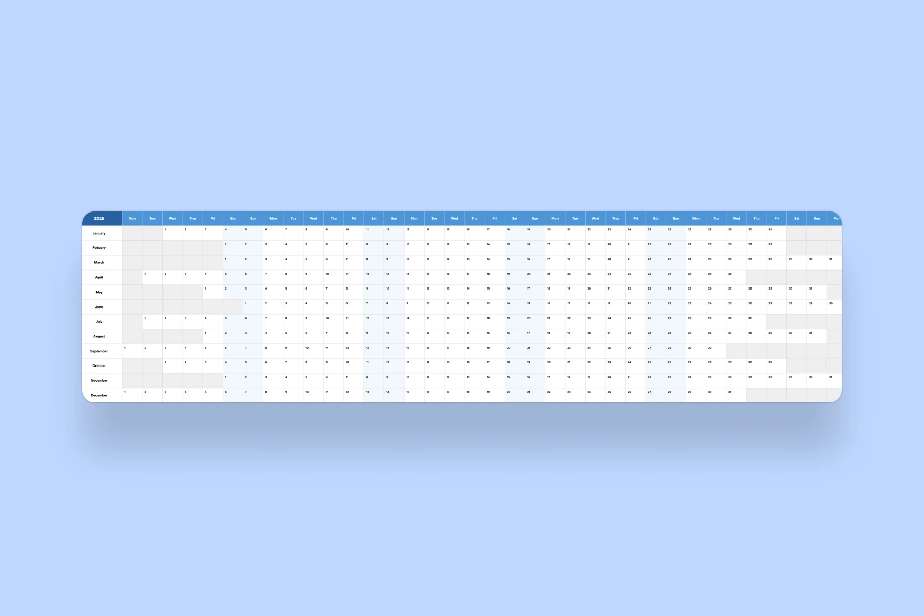 2025 Annual Calendar row Format Template Mural