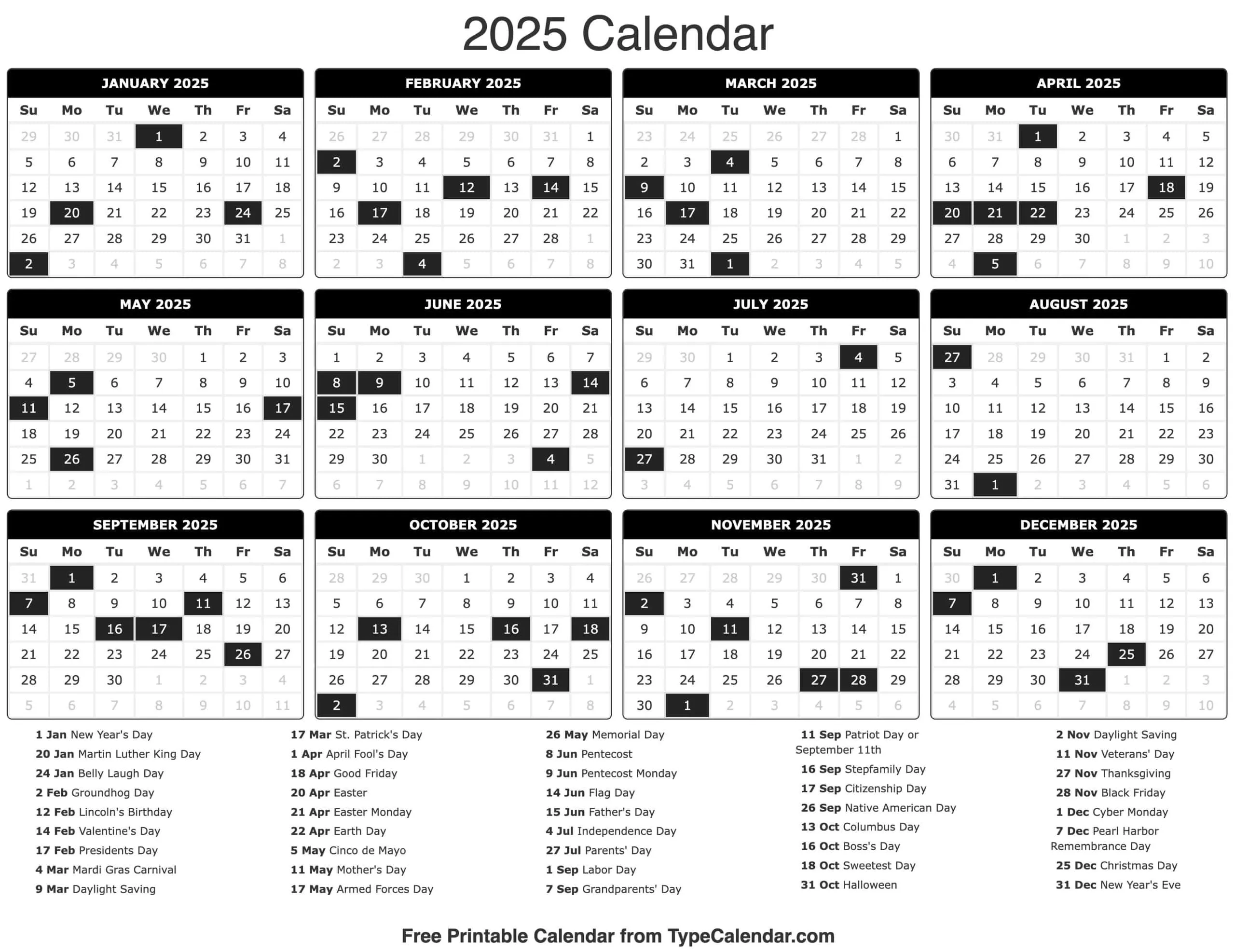 2025 Printable Calendar Template With Holidays