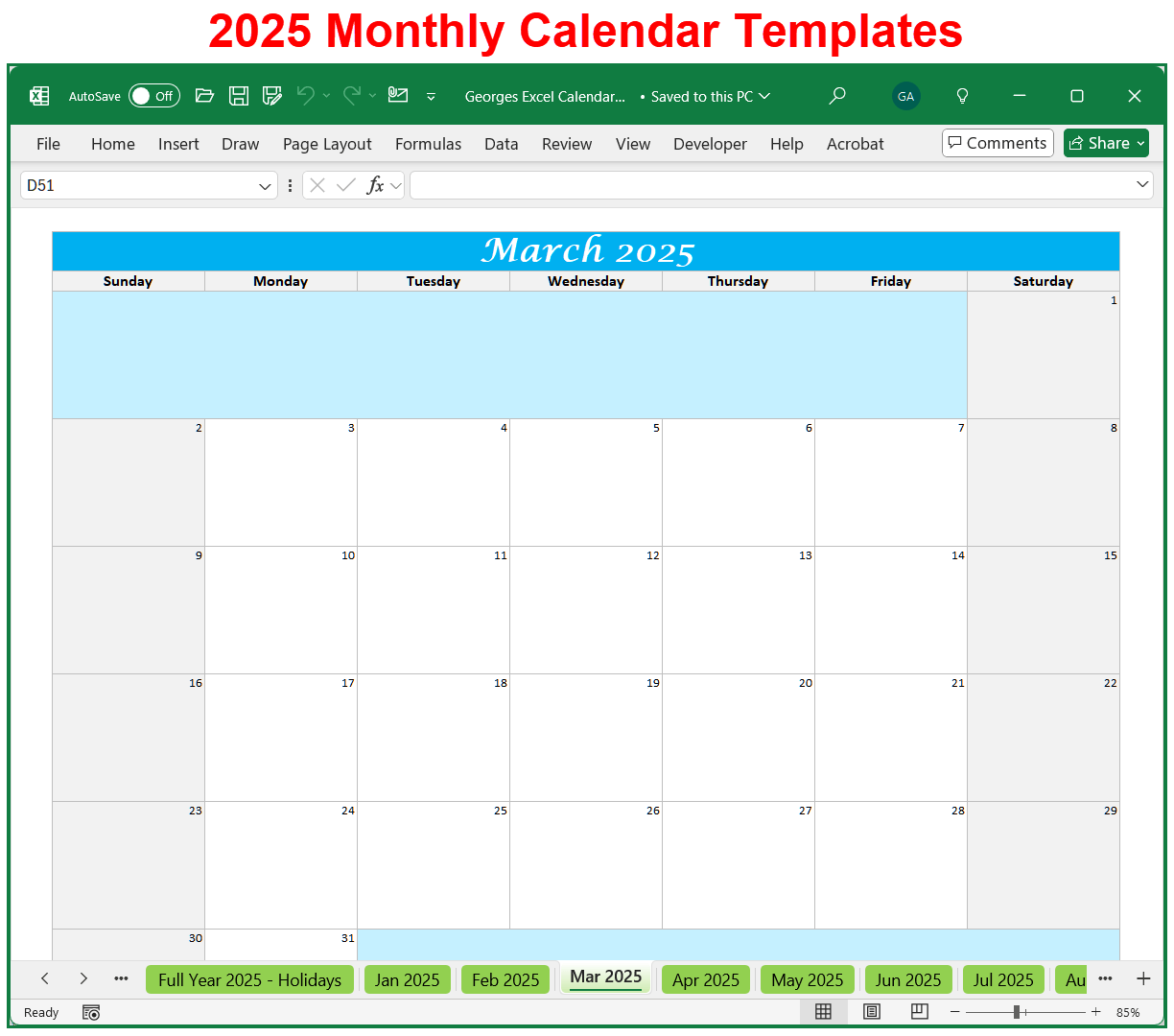 2025 Printable Blank Monthly Calendar