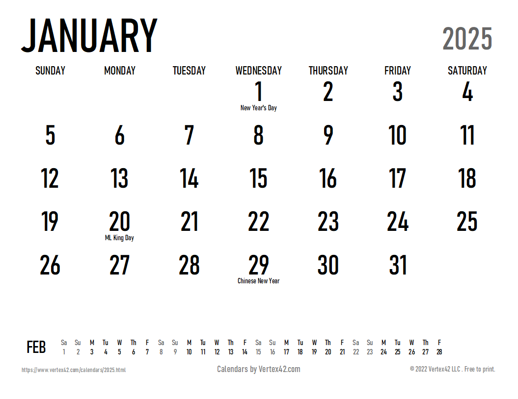 Year 2025 Calendar Printable Free Pdf