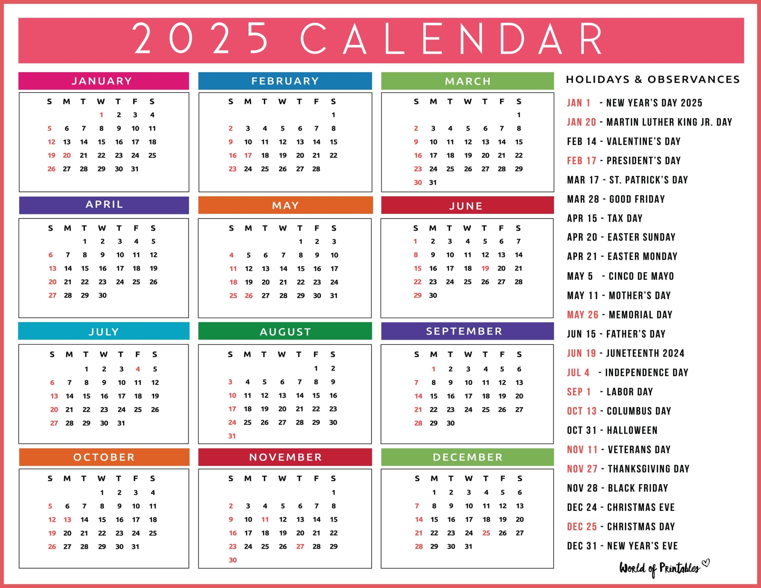 Year 2025 Calendar Printable With Holidays Year 2025 Calendar Printable With Holidays