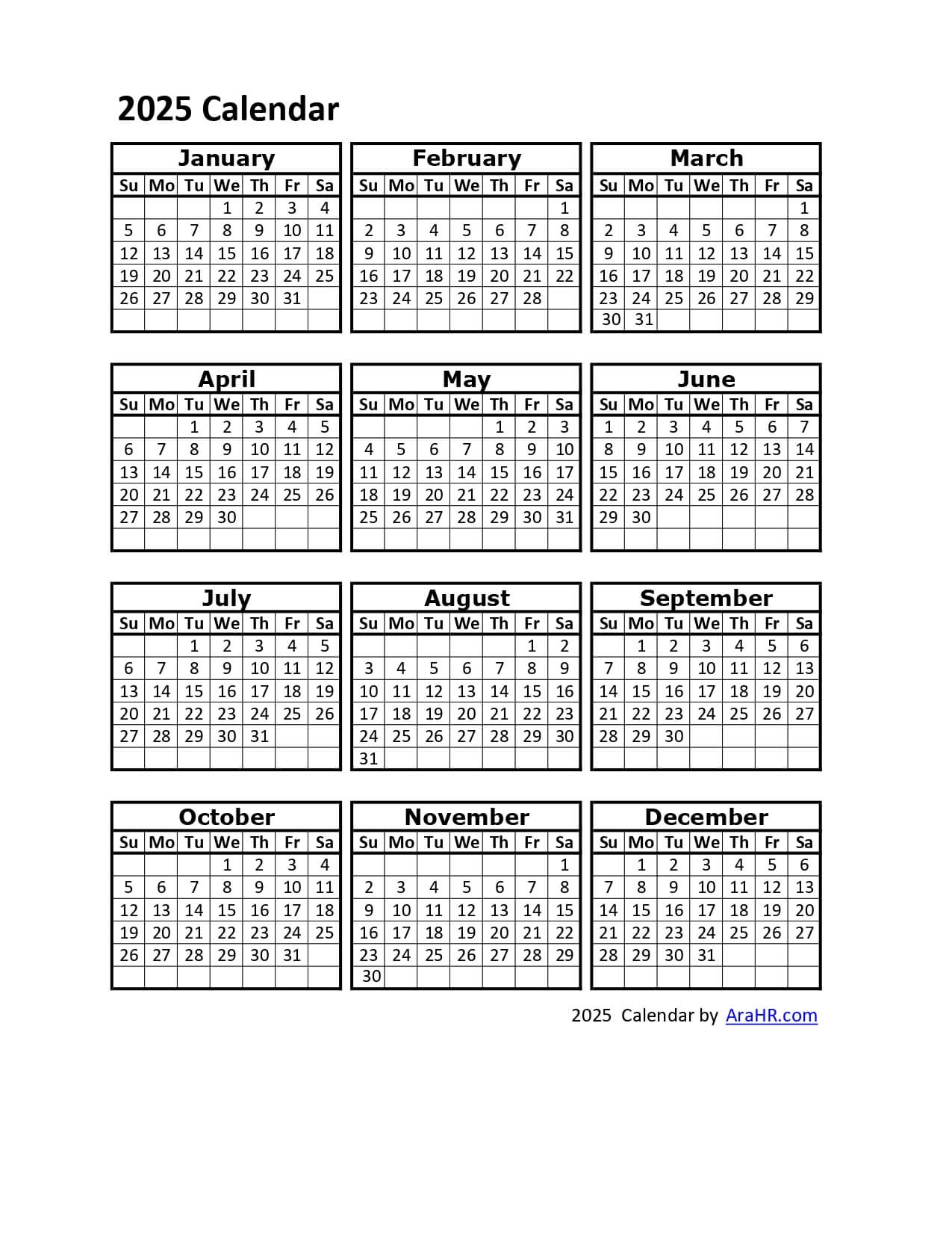 Blank 2025 Monthly Calendar To Print Free