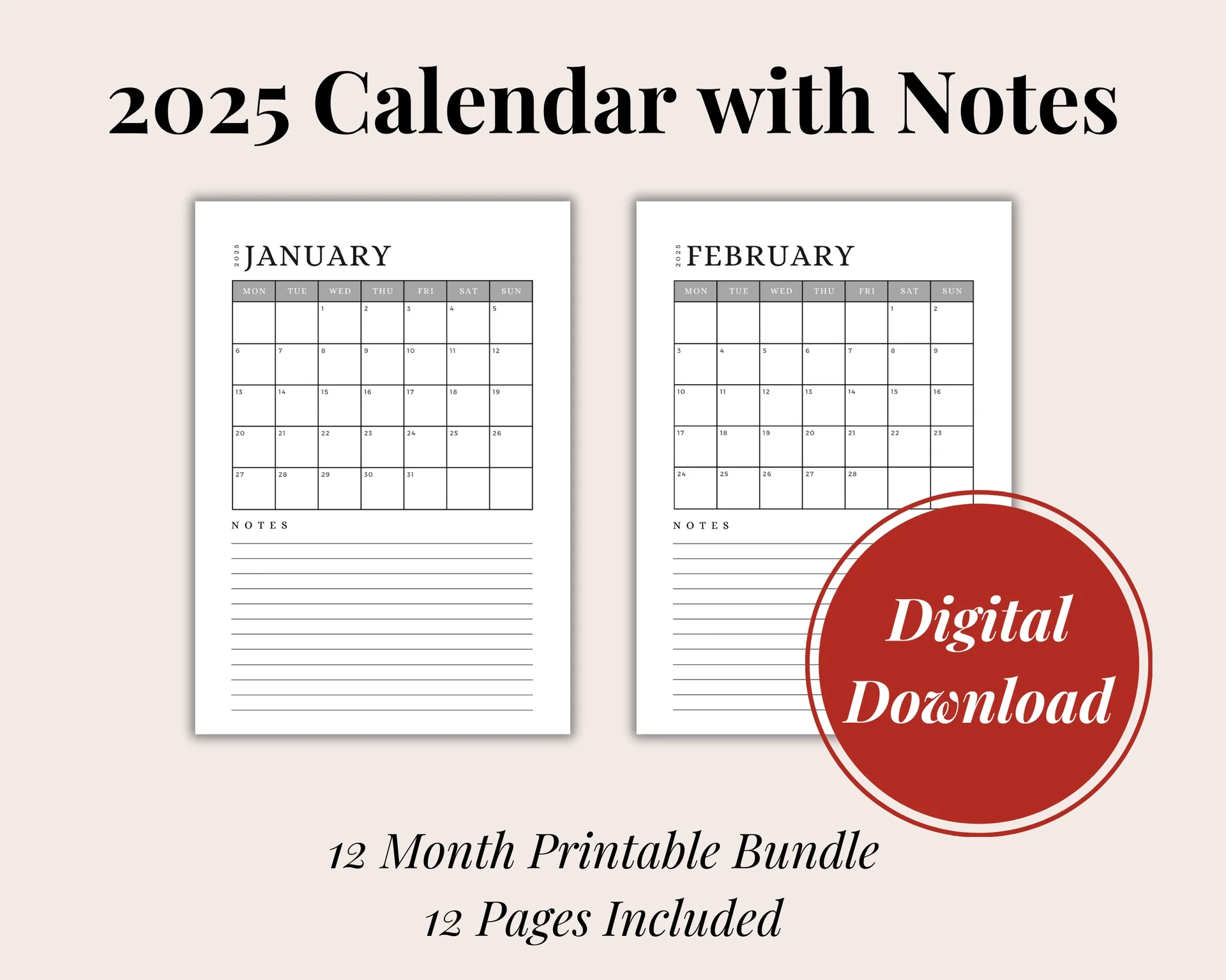 2025 Digital Printable Calendar With Notes A4 A5 Size Digital Downloa Fox And Bunny Rise 2025 Digital Printable Calendar With Notes A4 A5 Size Digital Downloa Fox And Bunny Rise