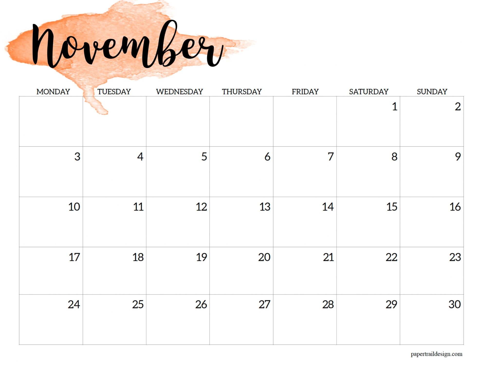 2025 Monday Start Calendar Printable Watercolor Paper Trail Design 2025 Monday Start Calendar Printable Watercolor Paper Trail Design