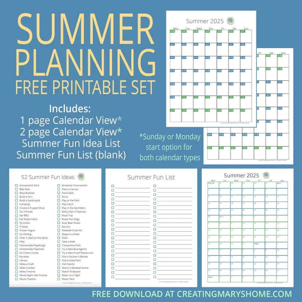 2025 SUMMER PLANNING PRINTABLE SET CALENDARS SUMMER FUN IDEAS BUCKET LIST FREE DOWNLOAD Creatingmaryshome
