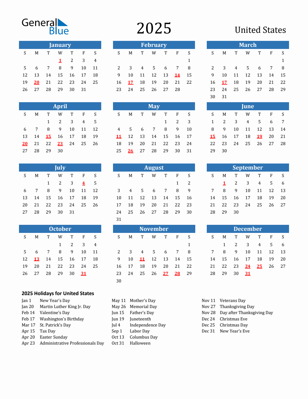 2025 United States Calendar With Holidays 2025 United States Calendar With Holidays