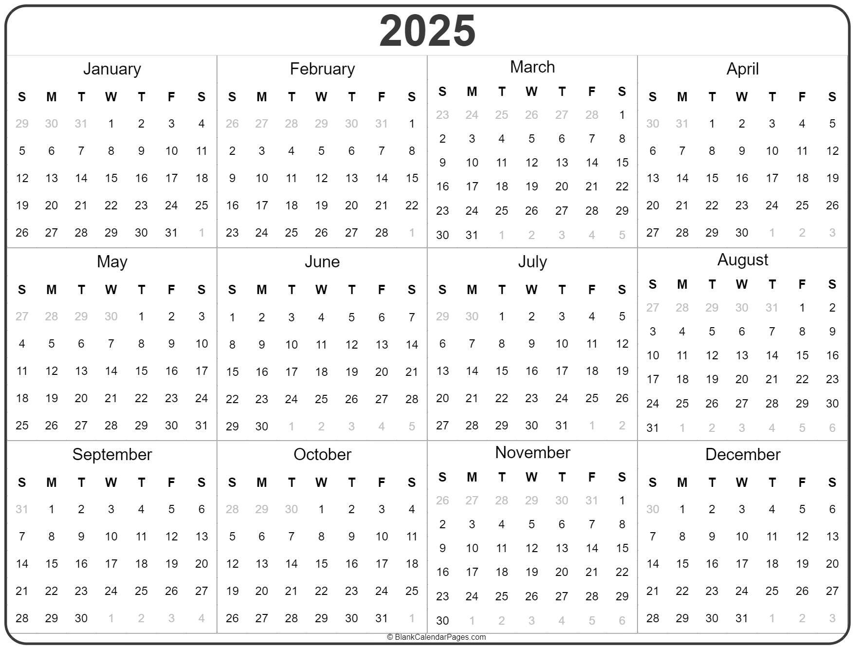 2025 Year Calendar Yearly Printable 2025 Year Calendar Yearly Printable