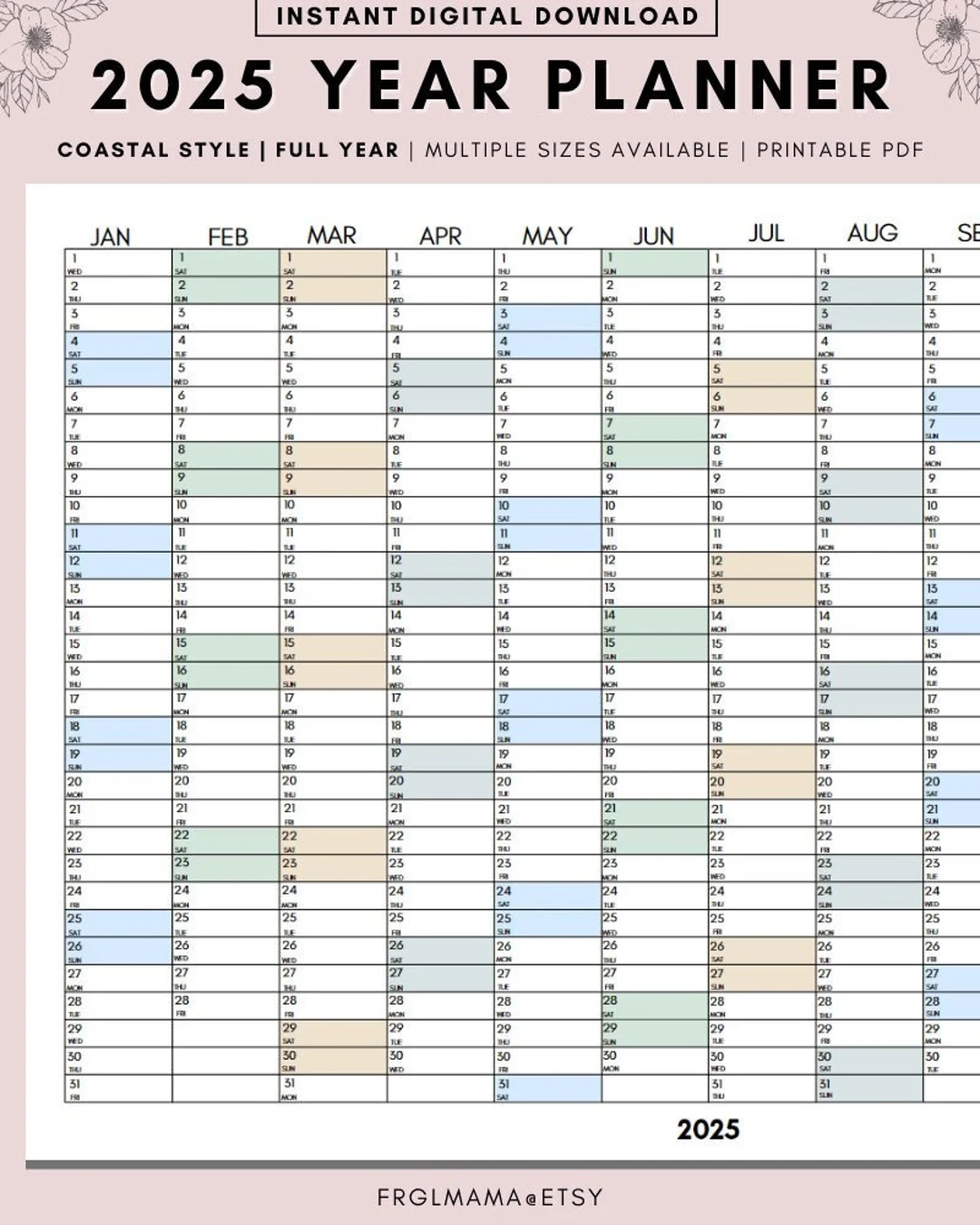 2025 Year Planner Coastal Style Calendar printable PDF Etsy