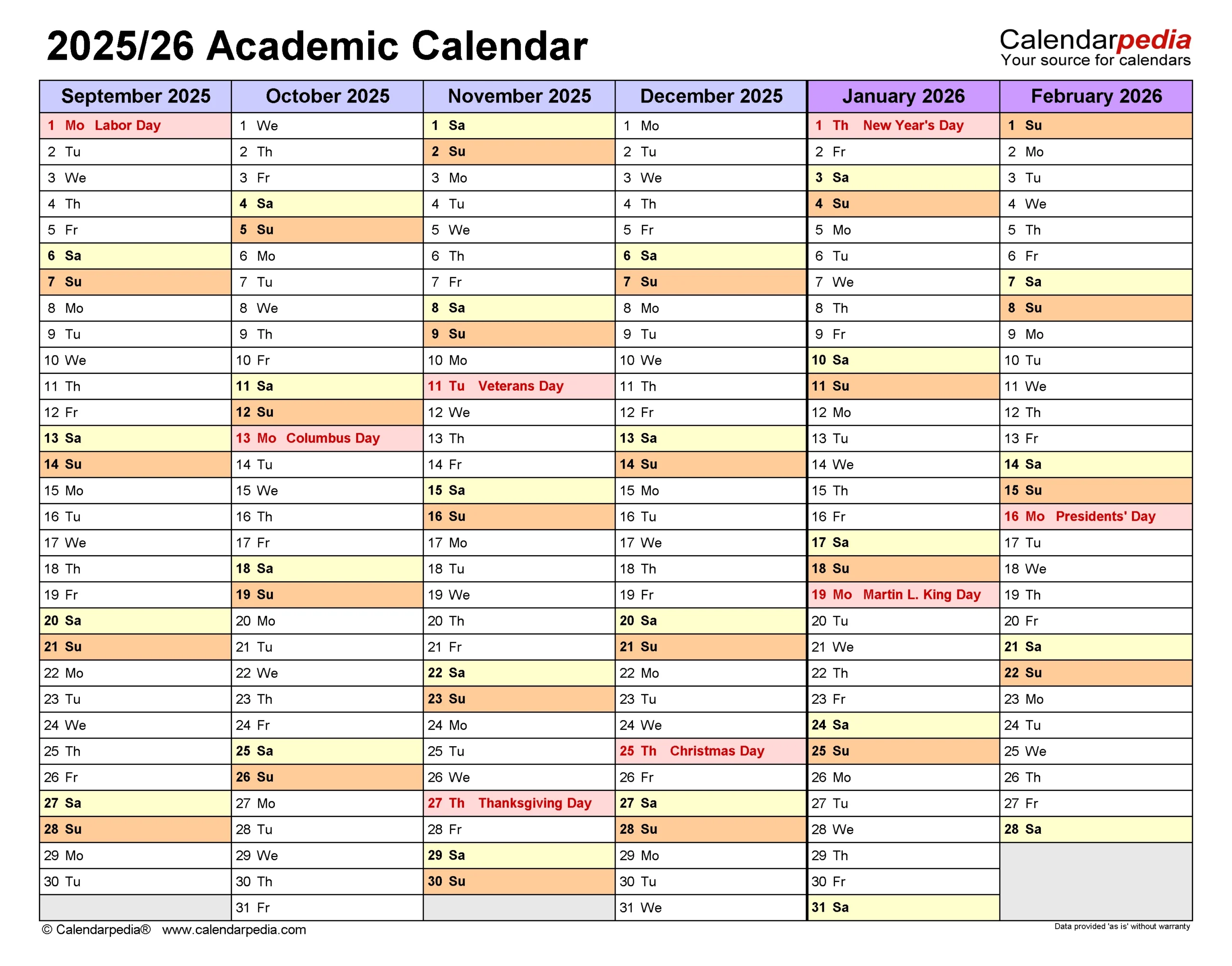 School Calendar Template 2025-26