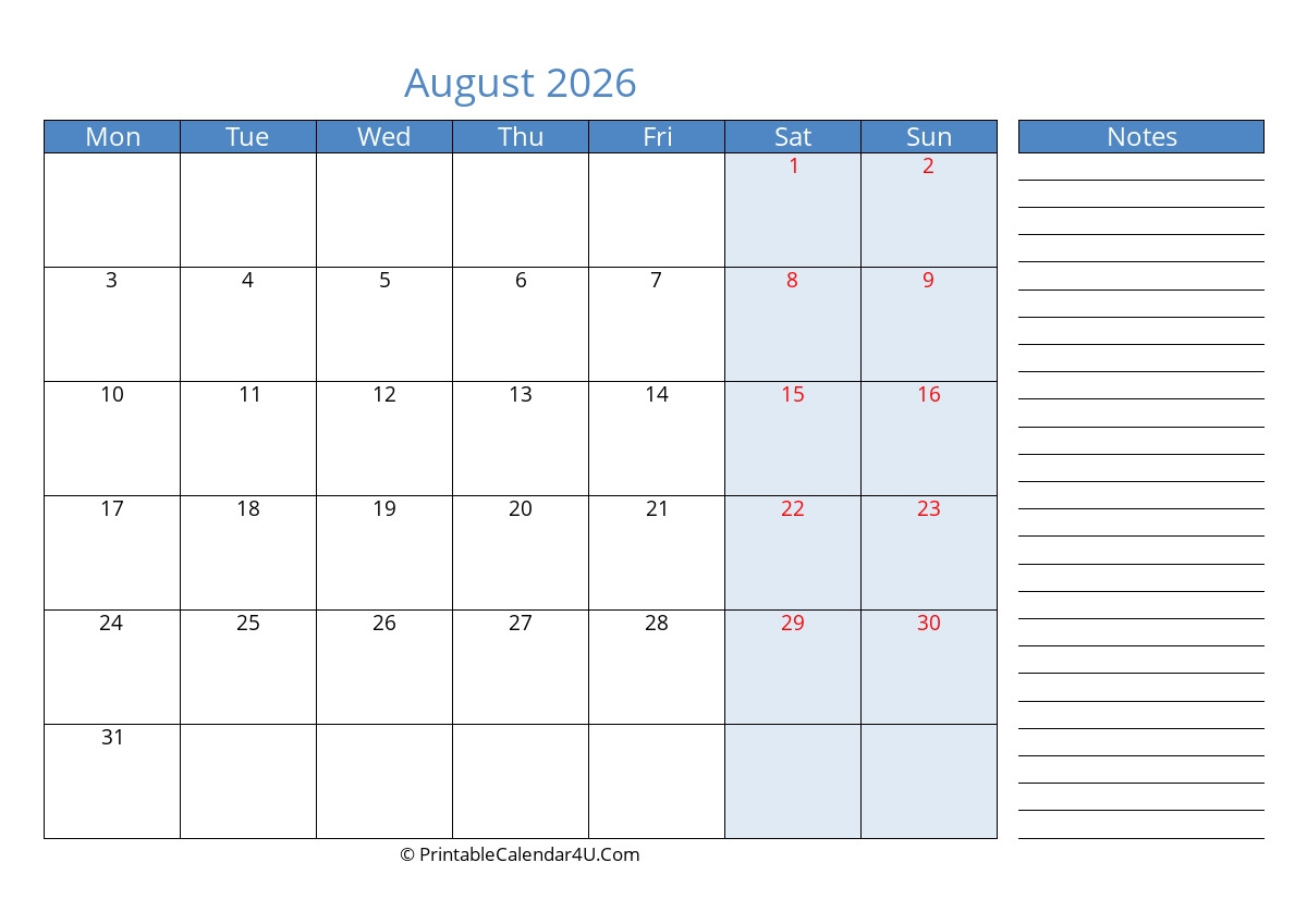August Blank Calendar 2026 Printable Free August Blank Calendar 2026 Printable Free