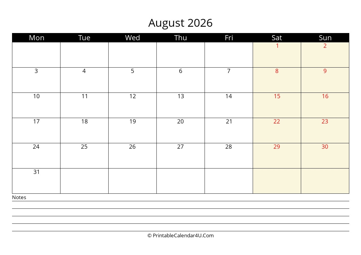 Printable Calendar Aug 2026 Blank