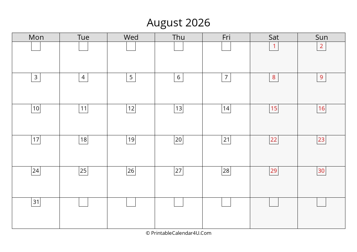 2026 August Calendars PrintableCalendar4U Com 2026 August Calendars PrintableCalendar4U Com