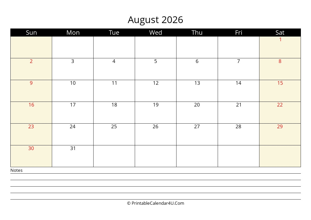 2026 August Calendars PrintableCalendar4U Com 2026 August Calendars PrintableCalendar4U Com