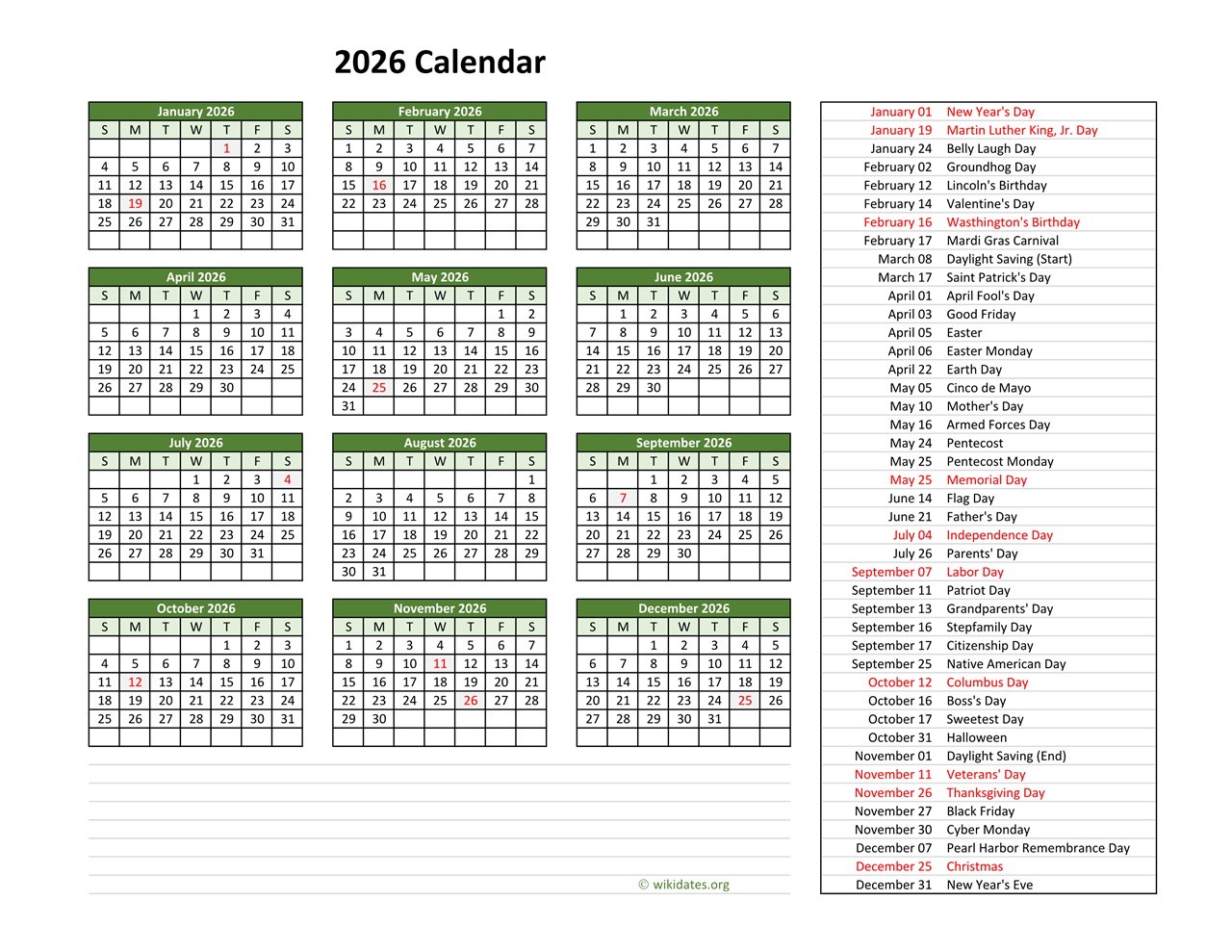 2026 Calendar With US Holidays WikiDates 2026 Calendar With US Holidays WikiDates