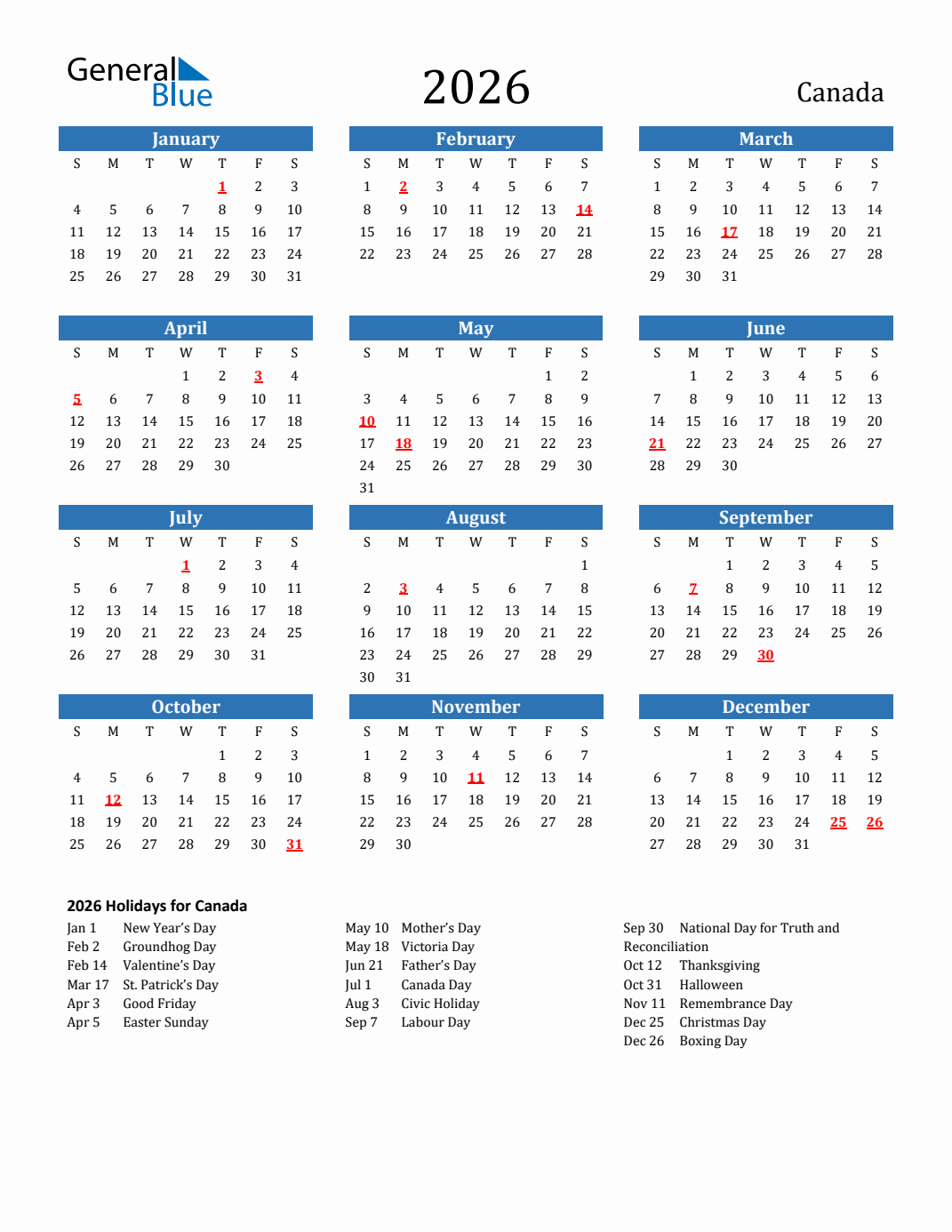 2026 Canada Calendar With Holidays 2026 Canada Calendar With Holidays