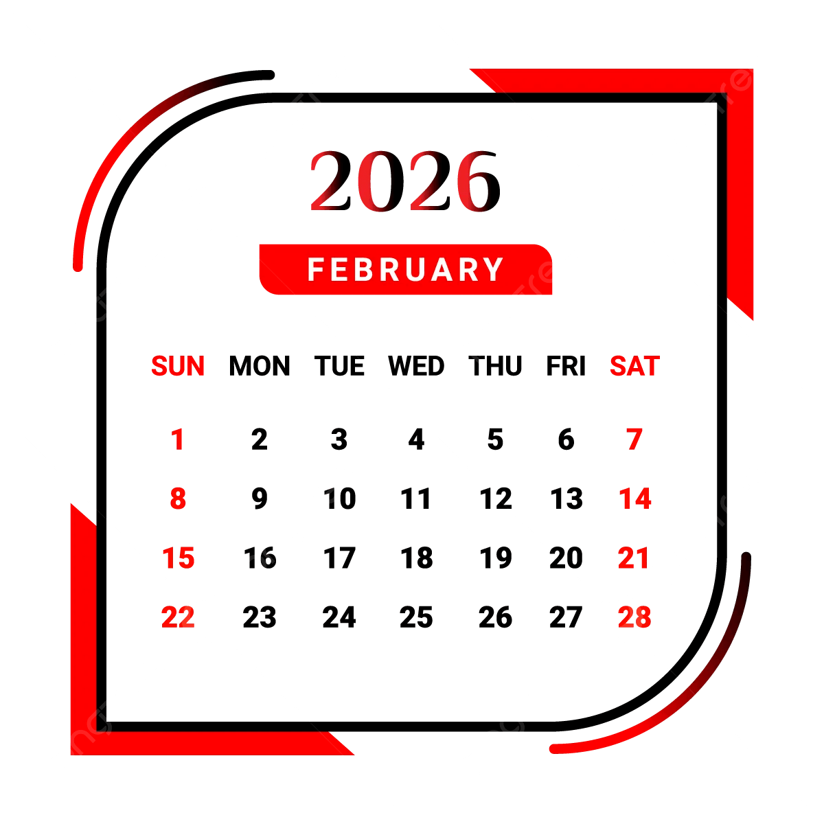 2026 February Month Calendar With Red And Black Vector Monthly Calendar Calendar February 2026 PNG And Vector With Transparent Background For Free Download