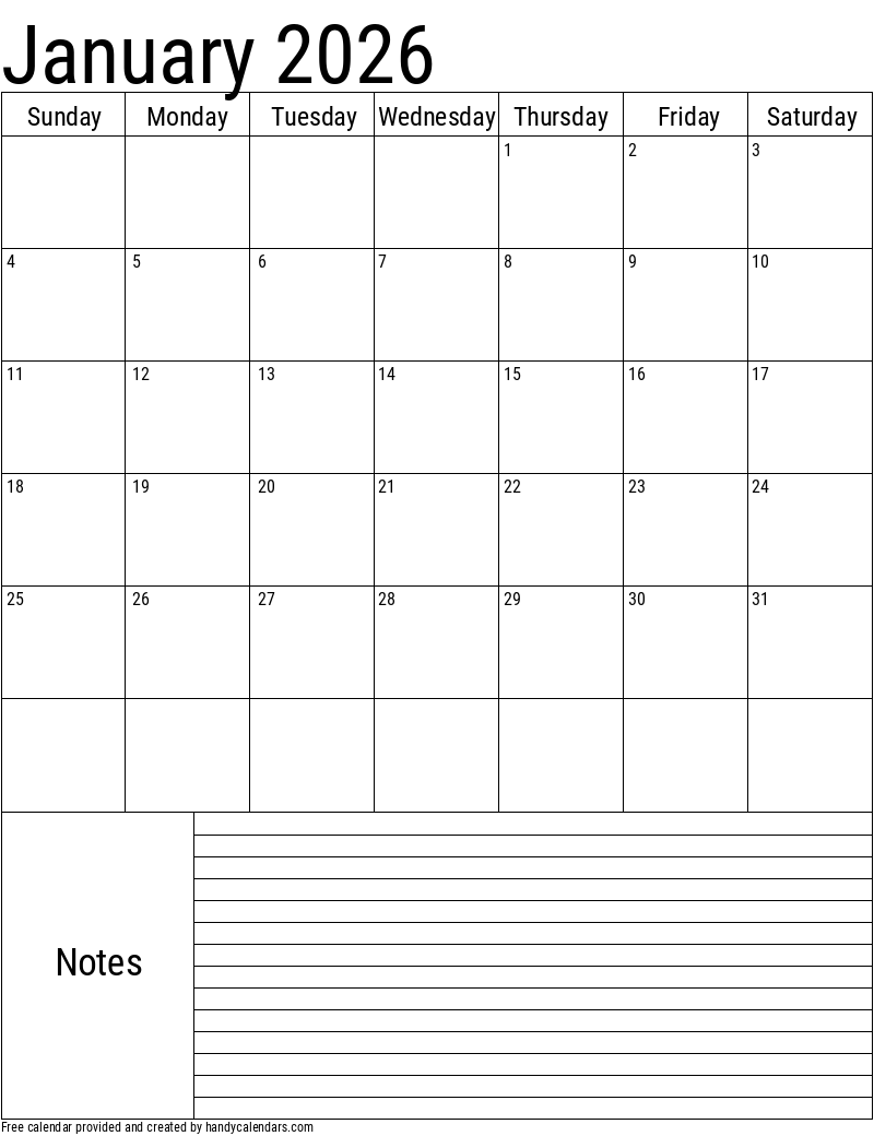 Blank January 2026 Calendar Printable Free