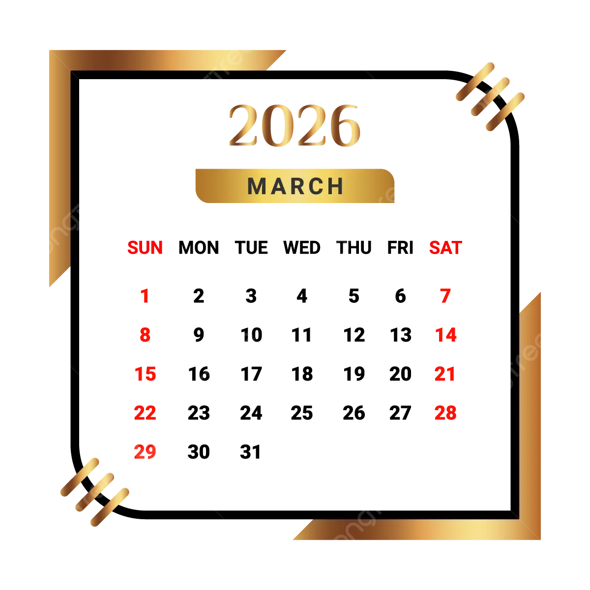 2026 March Month Calendar With Black And Golden Vector Monthly Calendar Calendar March 2026 PNG And Vector With Transparent Background For Free Download