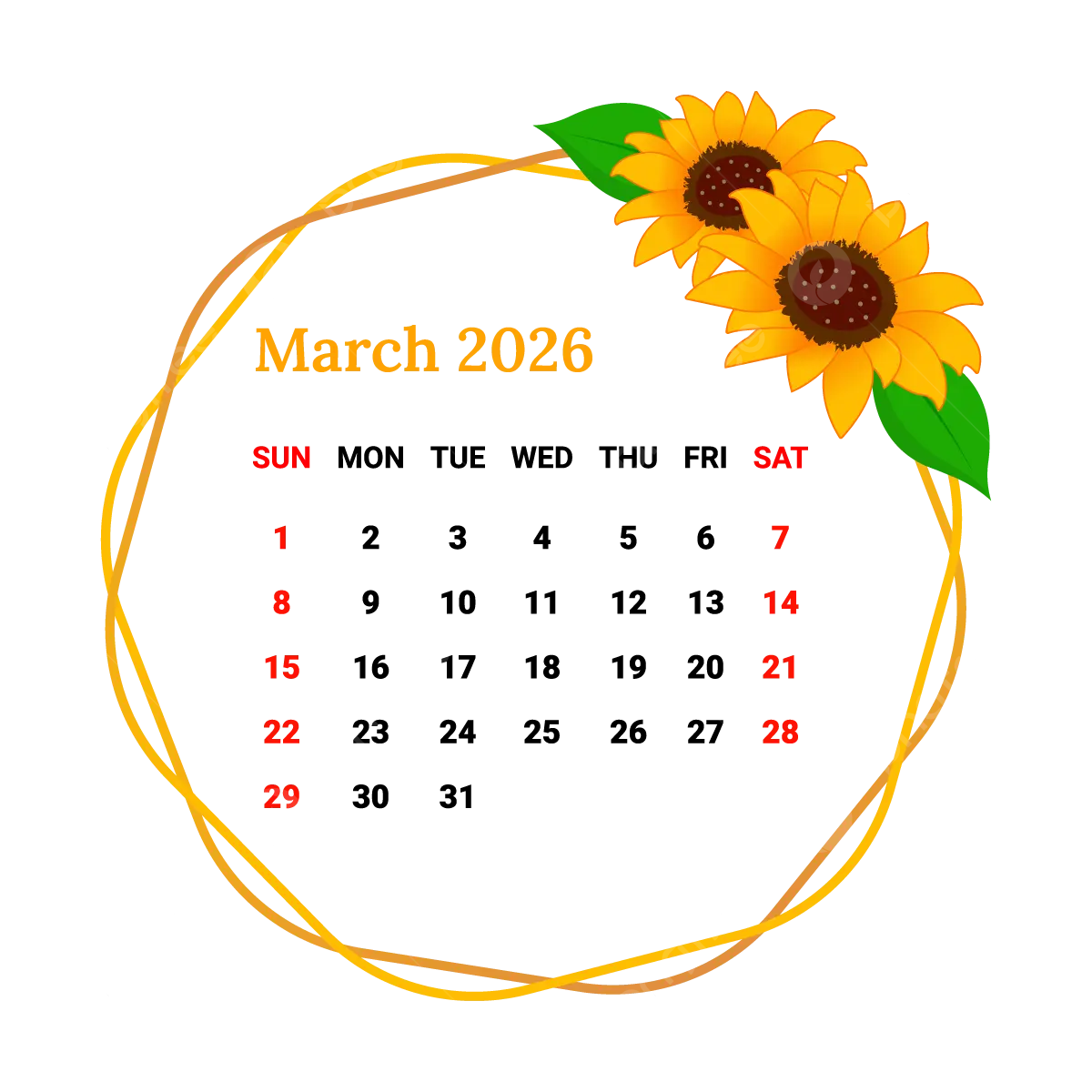 2026 March Month Calendar With Flower Frame Vector Monthly Calendar Calendar March 2026 PNG And Vector With Transparent Background For Free Download