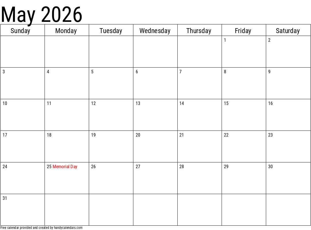 Blank May Calendar 2026 Printable Free Blank May Calendar 2026 Printable Free