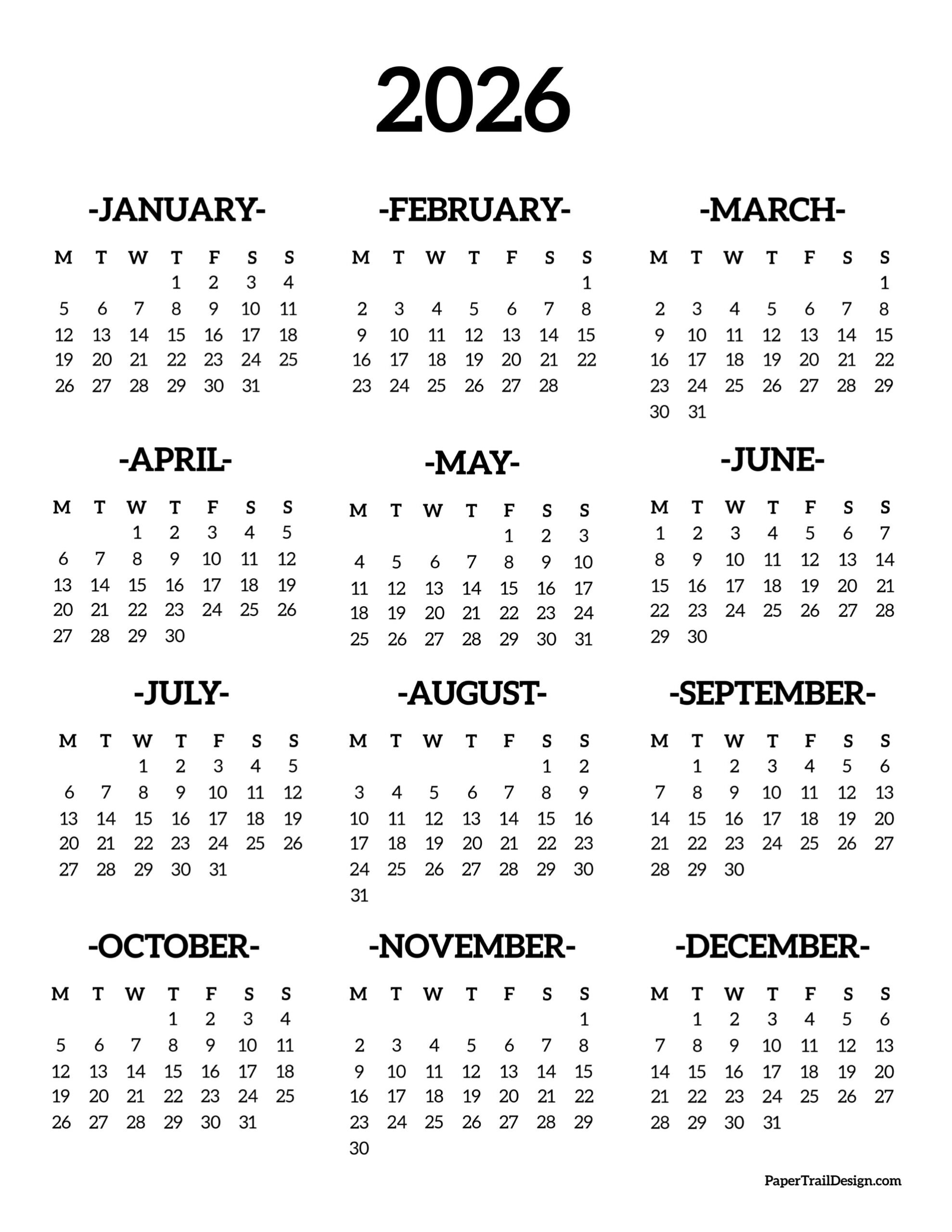 2026 Monday Start Calendar One Page Paper Trail Design 2026 Monday Start Calendar One Page Paper Trail Design