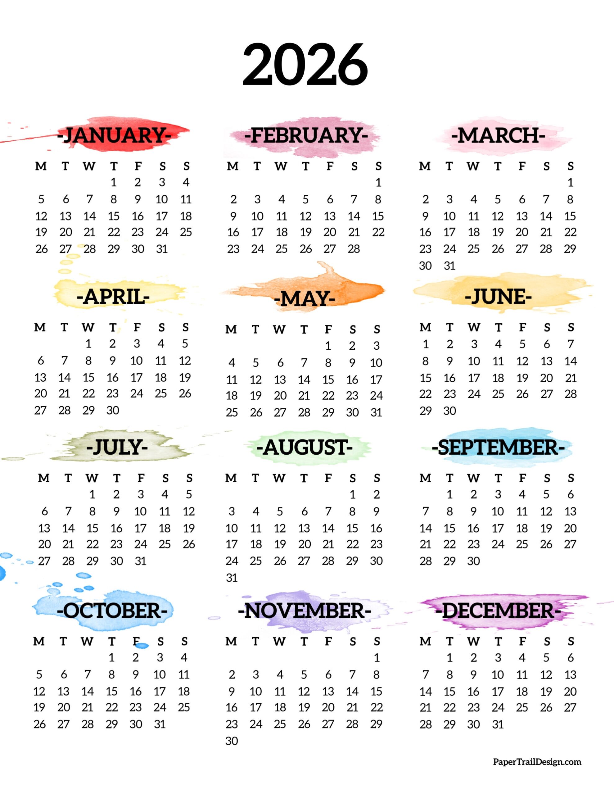 2026 Monday Start Calendar One Page Paper Trail Design 2026 Monday Start Calendar One Page Paper Trail Design