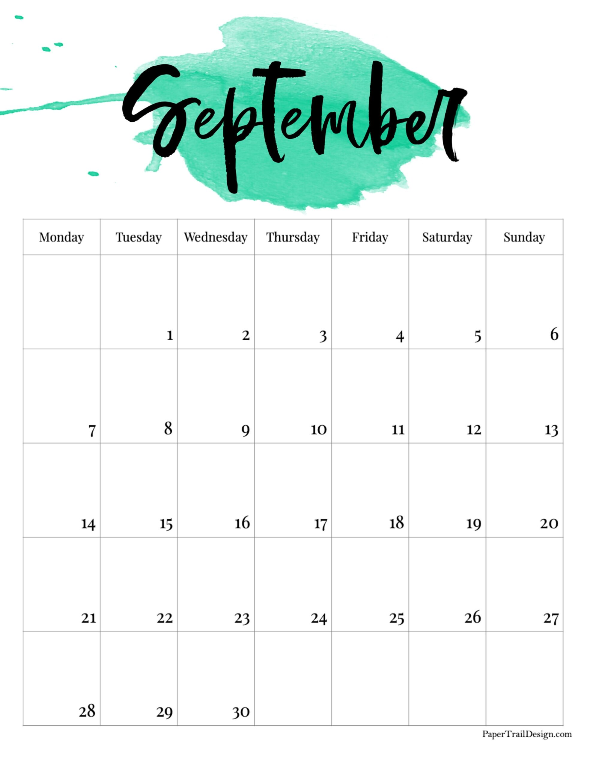 2026 Monday Start Watercolor Calendar Paper Trail Design