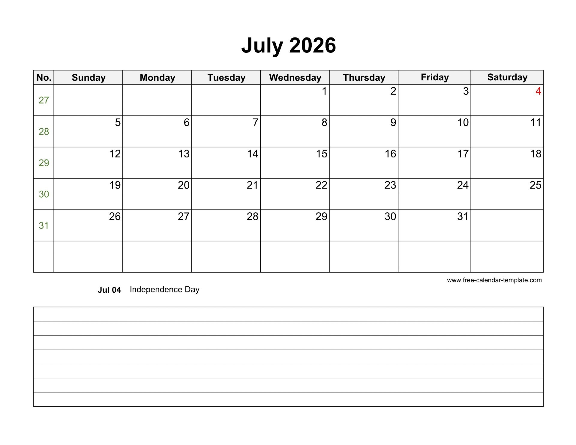 2026 Printable July Calendar With Space For Appointments horizontal Free calendar template 2026 Printable July Calendar With Space For Appointments horizontal Free calendar template