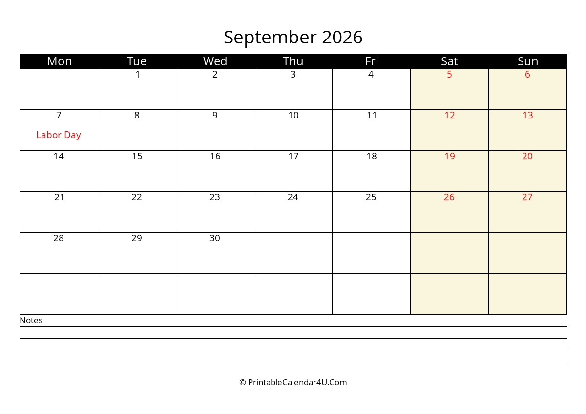 2026 September Calendars PrintableCalendar4U Com 2026 September Calendars PrintableCalendar4U Com