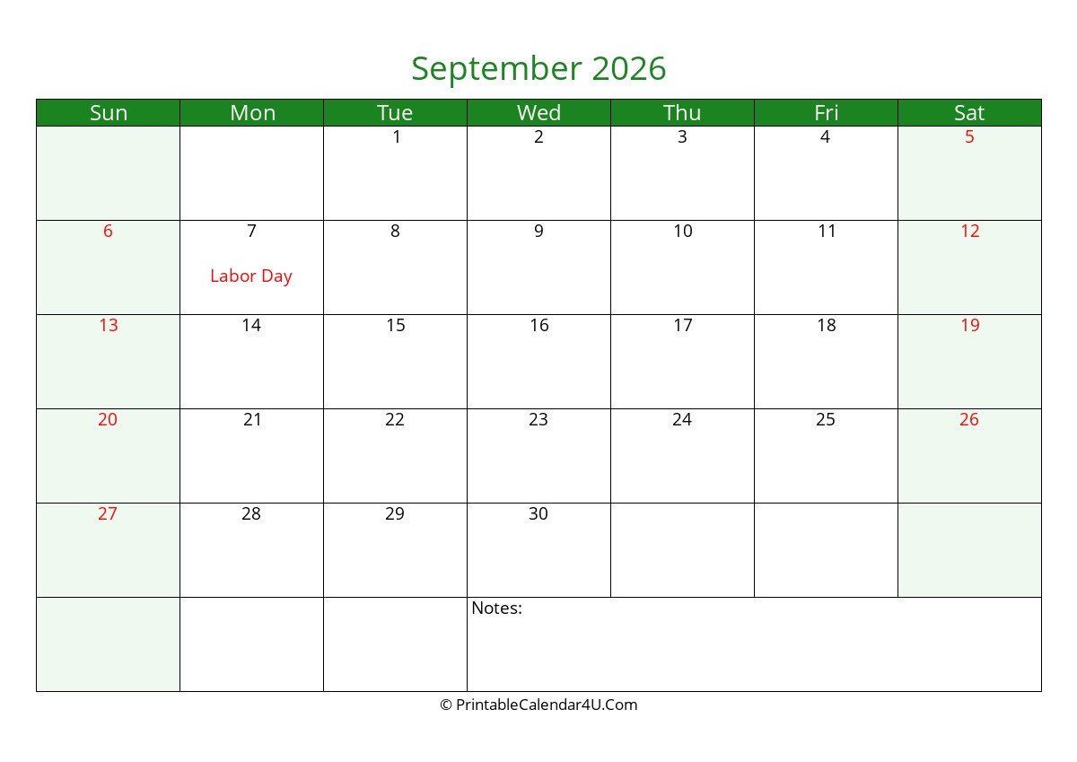 2026 September Calendars PrintableCalendar4U Com