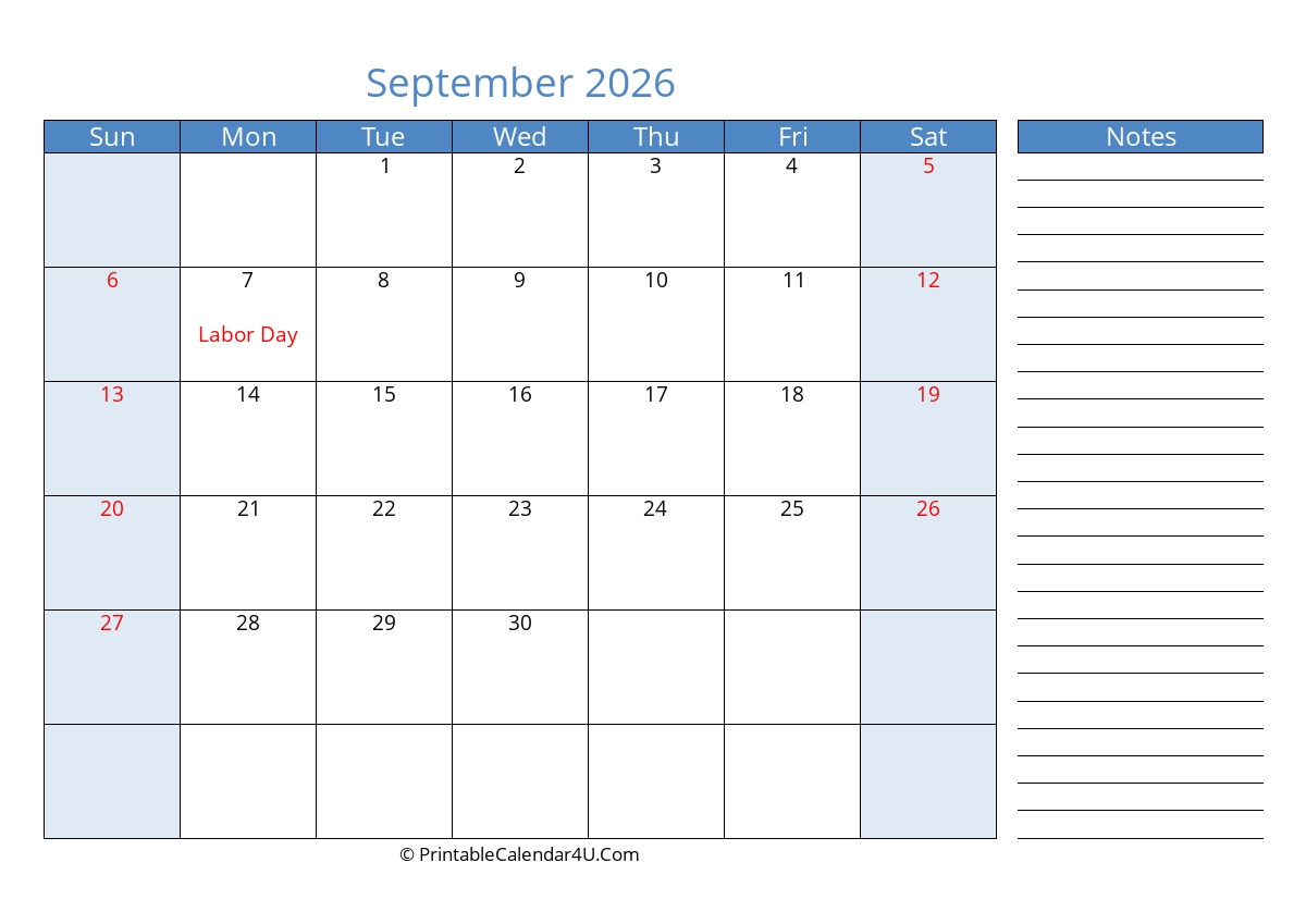 2026 September Calendars PrintableCalendar4U Com 2026 September Calendars PrintableCalendar4U Com