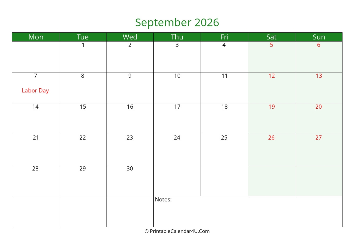 2026 September Calendars PrintableCalendar4U Com