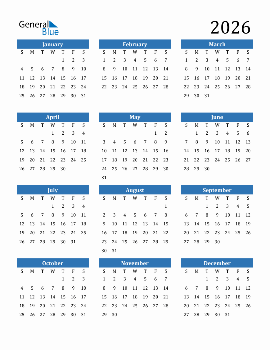 2026 Yearly Calendar 2026 Yearly Calendar