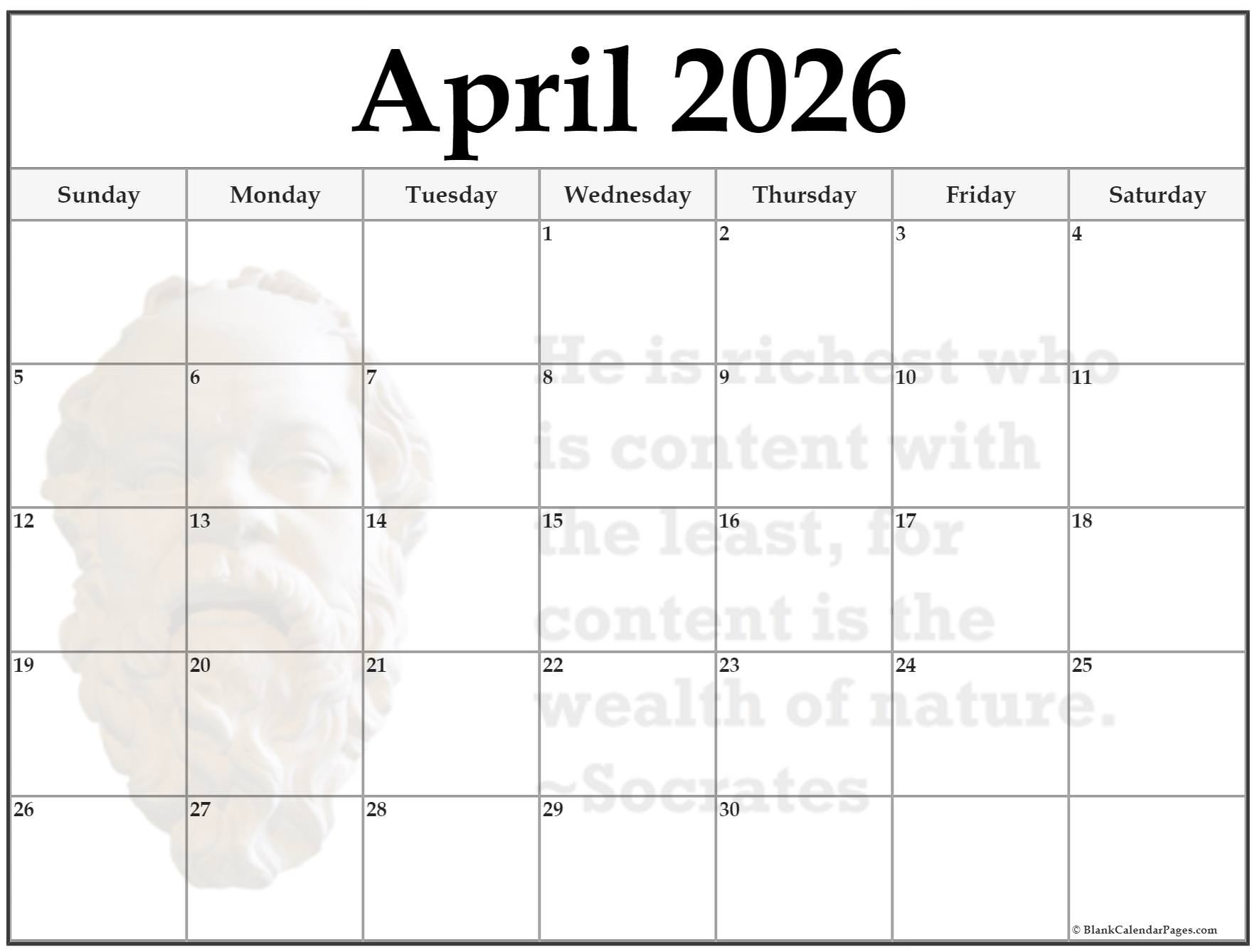 Blank Calendar Pages April 2026 Printable