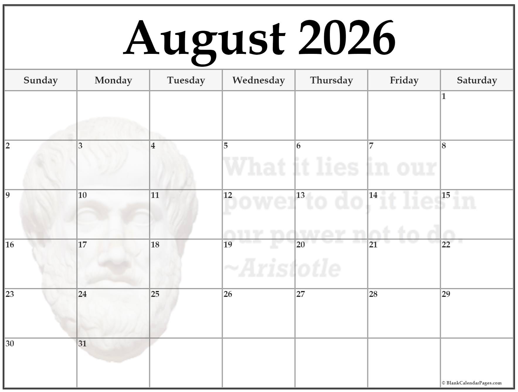 Blank Calendar August 2026 Template