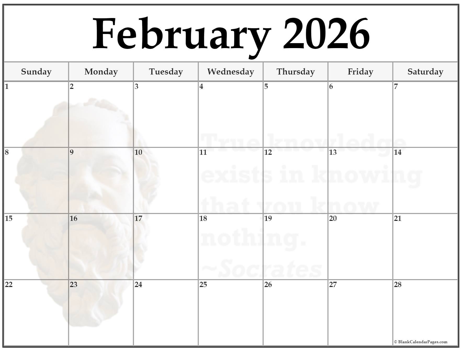 Blank Calendar Pages February 2026 Printable Blank Calendar Pages February 2026 Printable