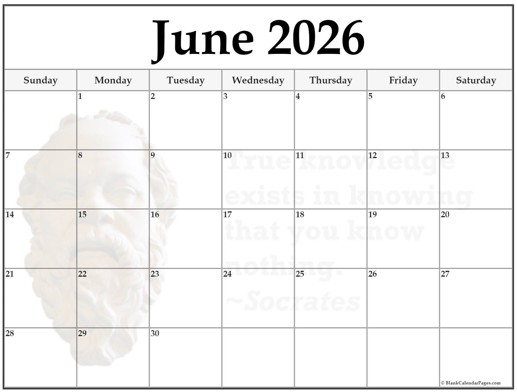 Blank Calendar June 2026 Printable