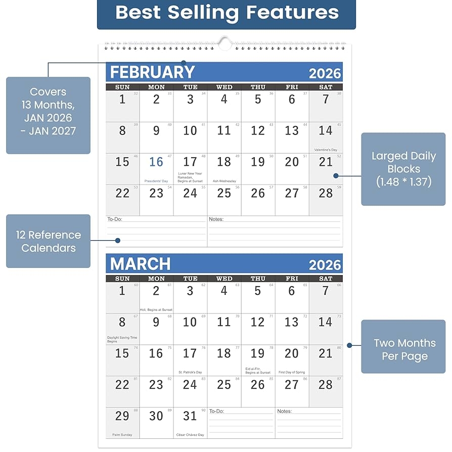 Amazon 2026 Wall Calendar 2 Month Wall Calendar 2026 Display Folded In A Month 17 6 X 11 3 Jan 2026 Dec 2026 Calendar 2026 Blue Office Products