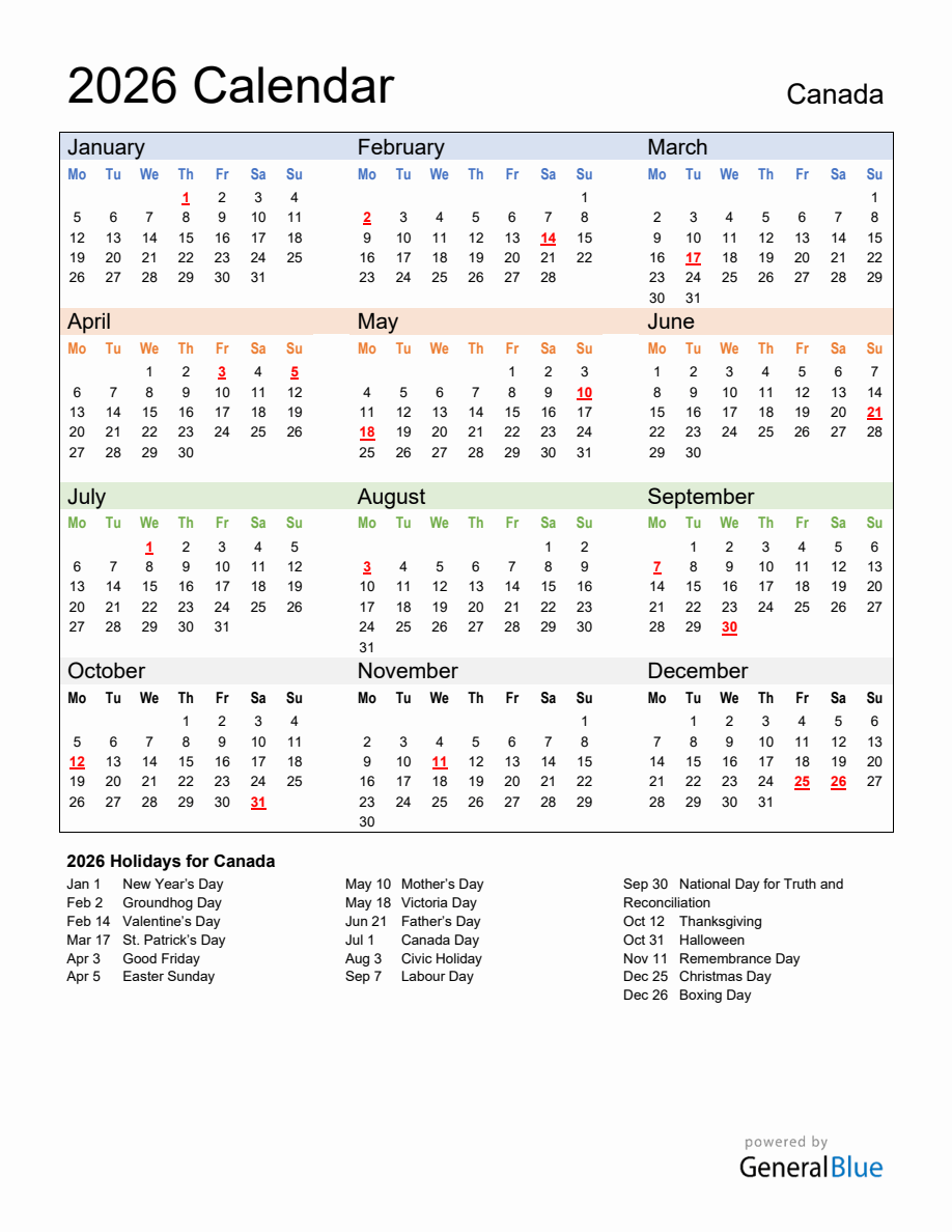 Annual Calendar 2026 With Canada Holidays Annual Calendar 2026 With Canada Holidays