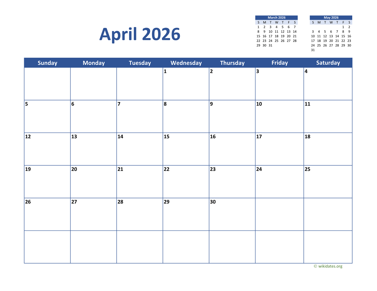 April 2026 Calendar Classic WikiDates April 2026 Calendar Classic WikiDates