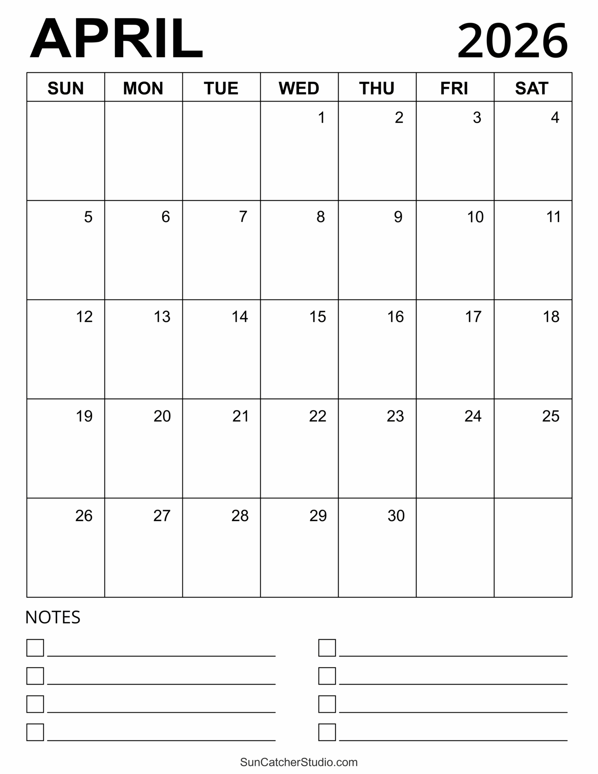 Free Printable Blank April 2026 Calendar