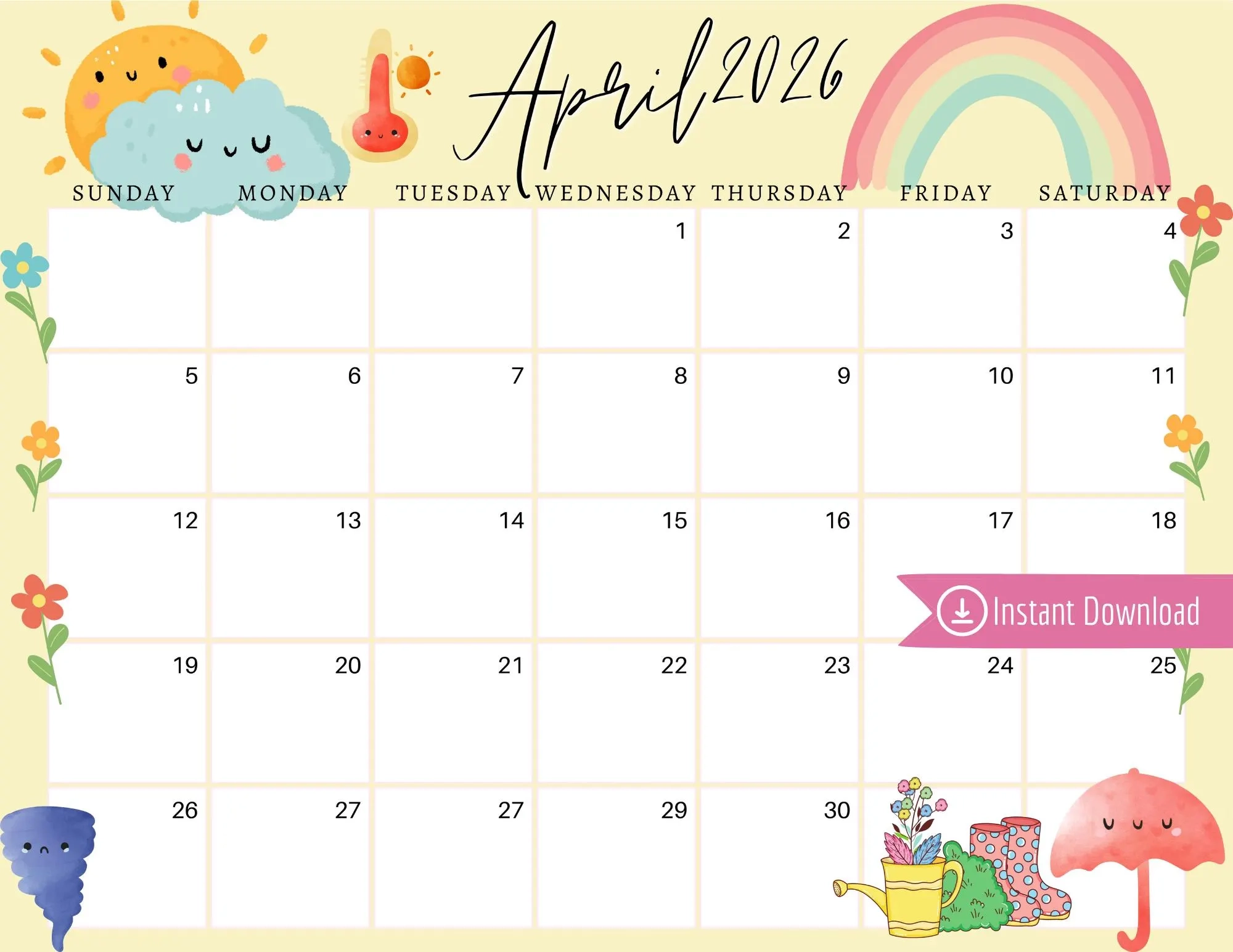April 2026 Calendar Light Yellow April Showers Printable PDF PNG JPG Etsy April 2026 Calendar Light Yellow April Showers Printable PDF PNG JPG Etsy
