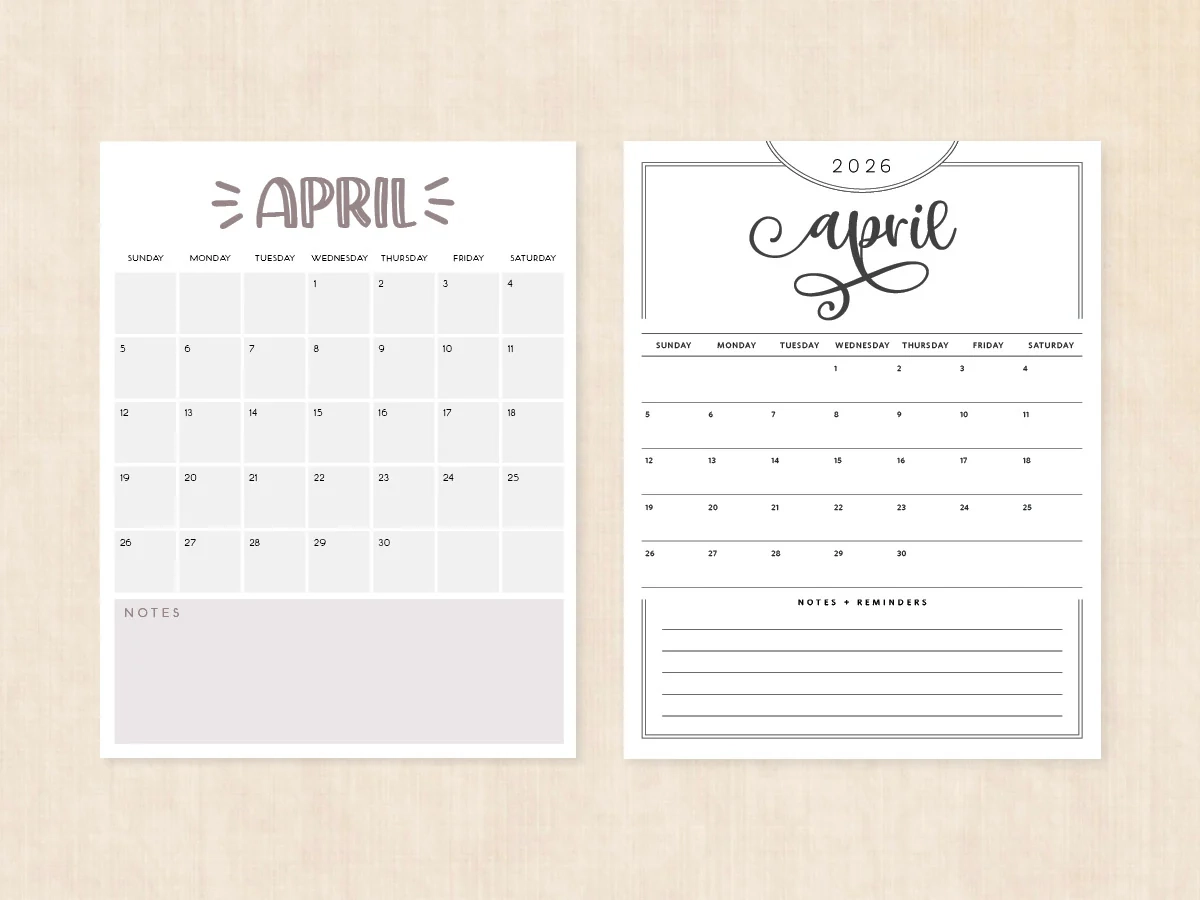 April 2026 Calendar Printable PDF Templates