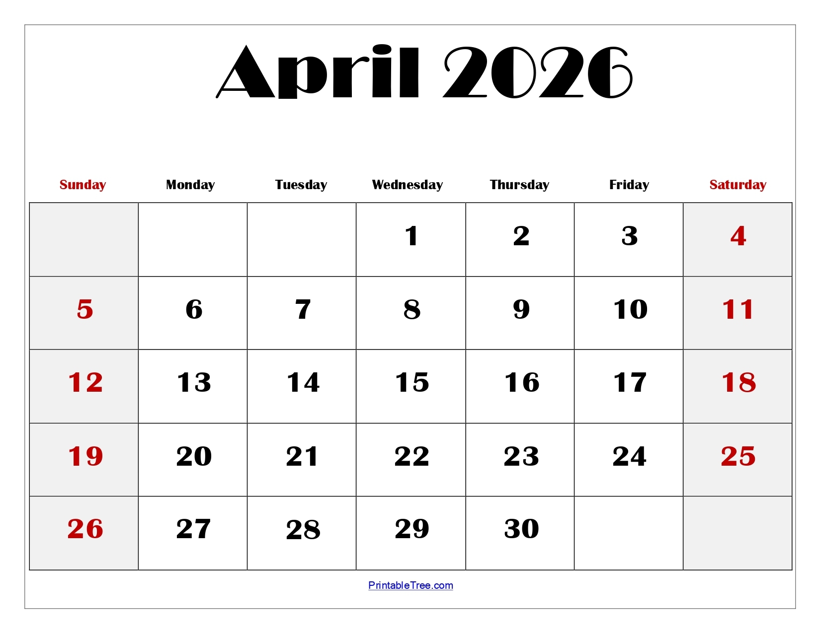 Blank April Calendar 2026 Printable