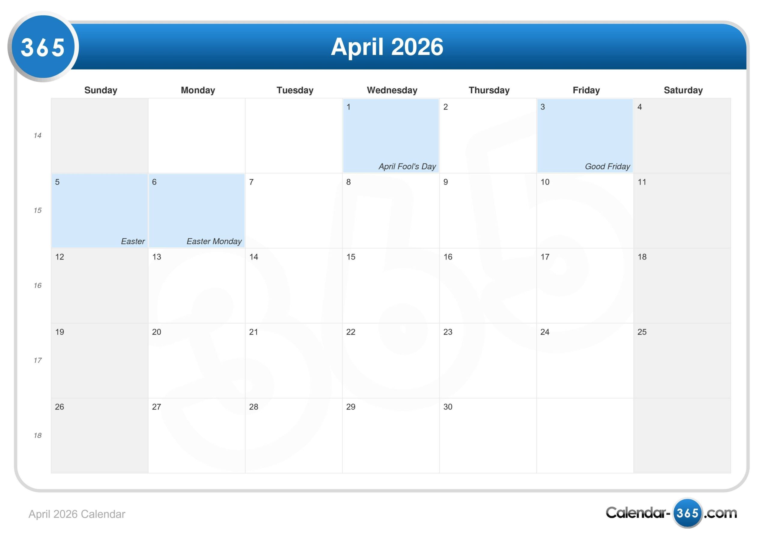 April 2026 Calendar Easter April 2026 Calendar Easter