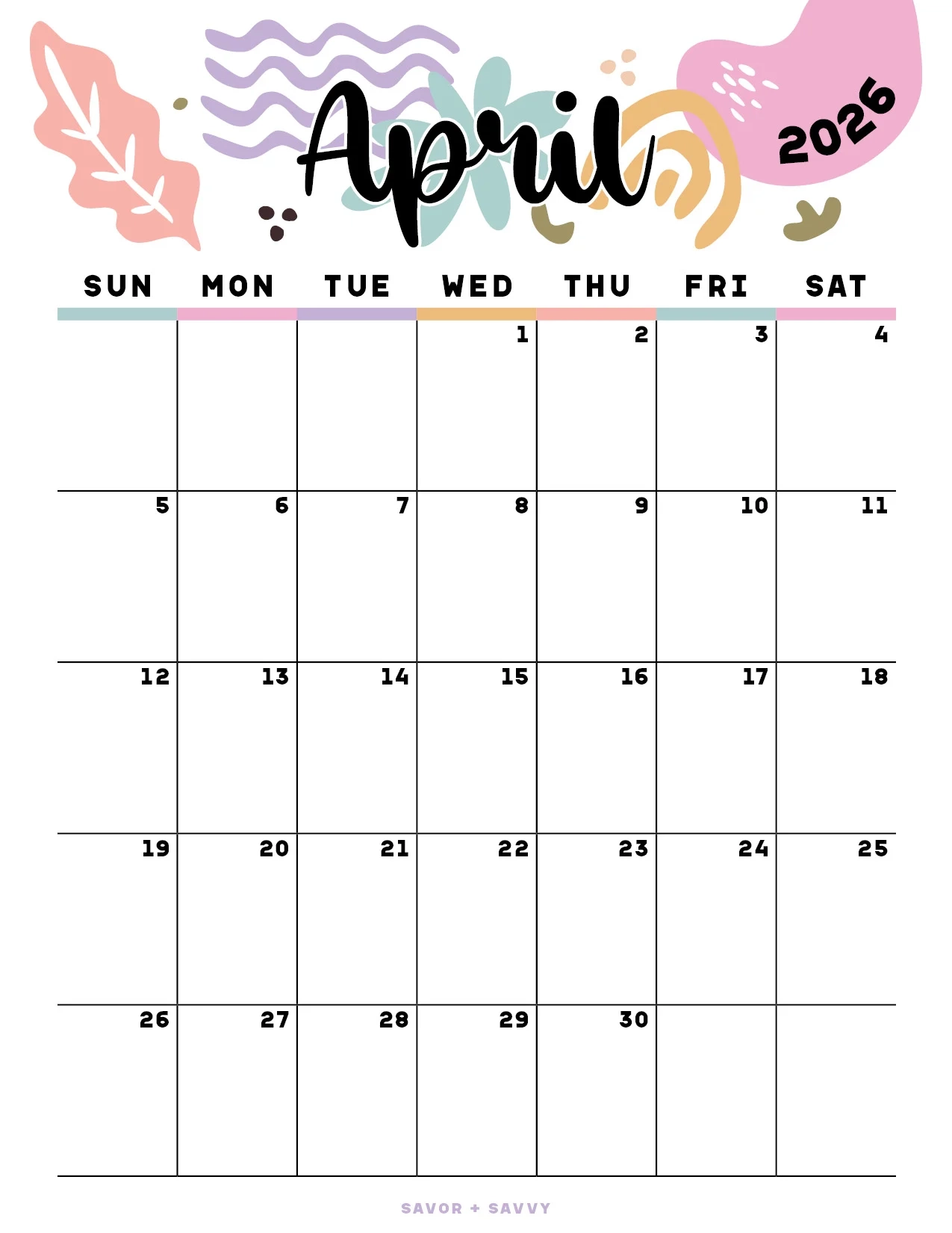 April 2026 Calendar Templates 14 Free Printables Savor Savvy April 2026 Calendar Templates 14 Free Printables Savor Savvy