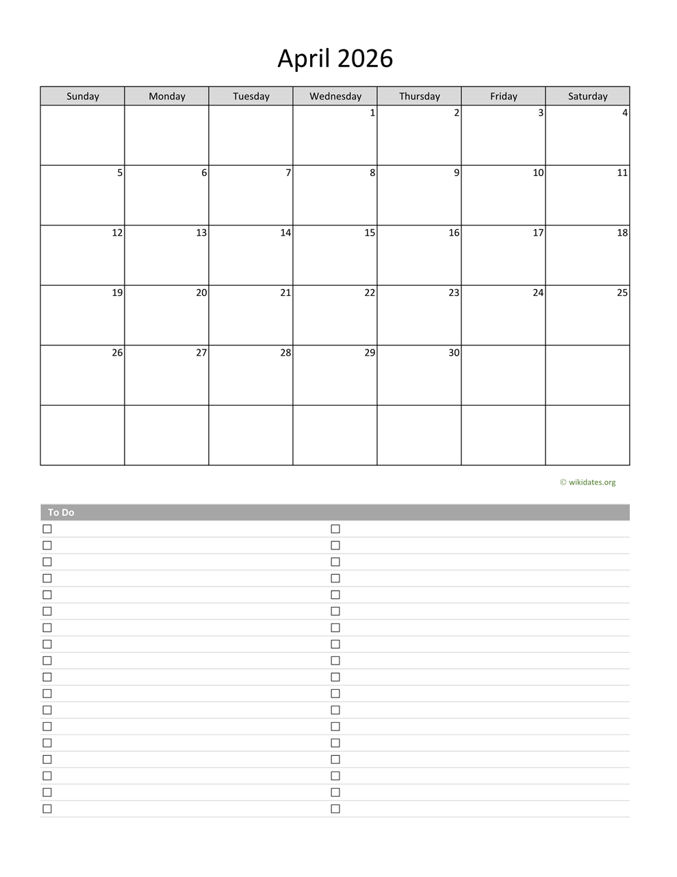 Printable Blank April 2026 Calendar