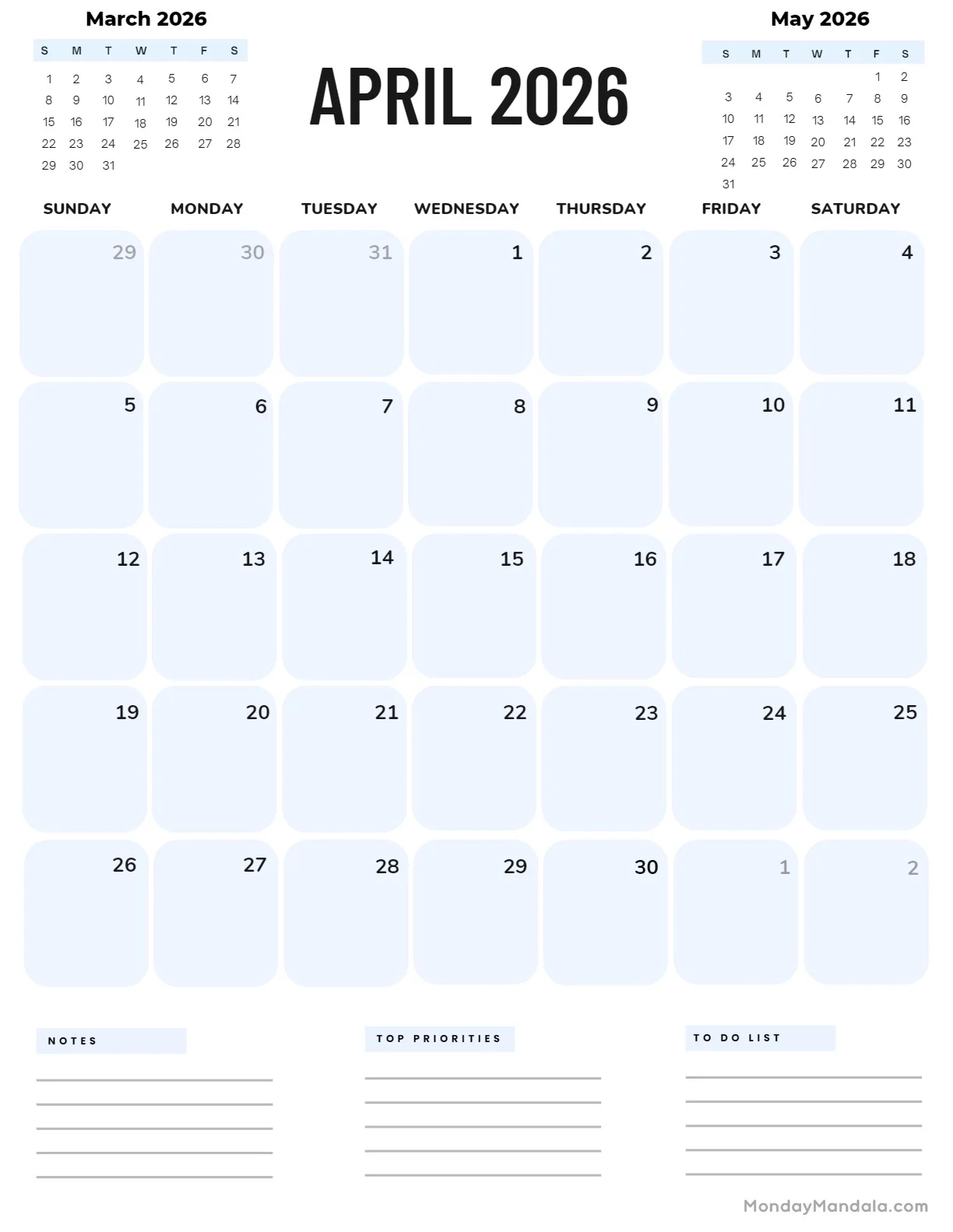 April 2026 Blank Calendar