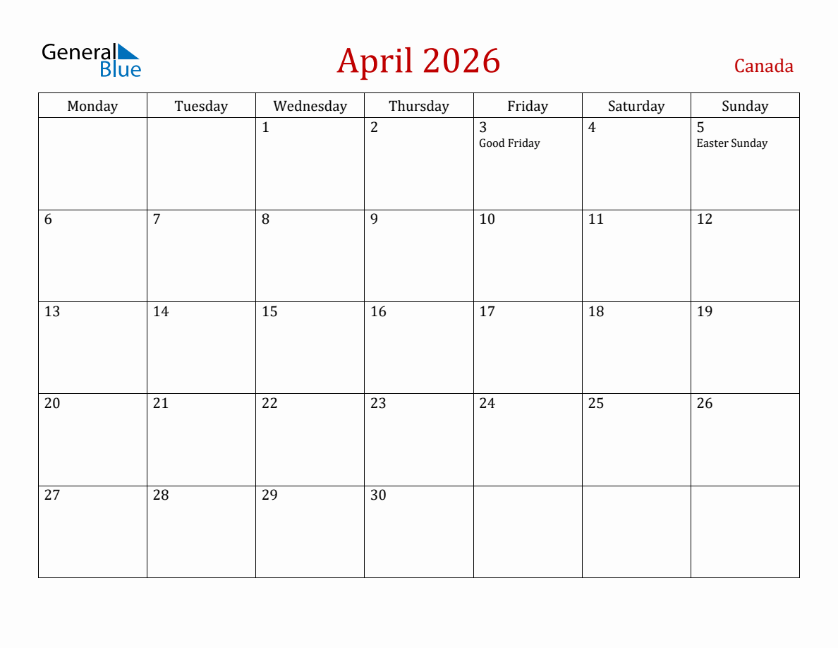 April 2026 Canada Monthly Calendar With Holidays Monday Start April 2026 Canada Monthly Calendar With Holidays Monday Start